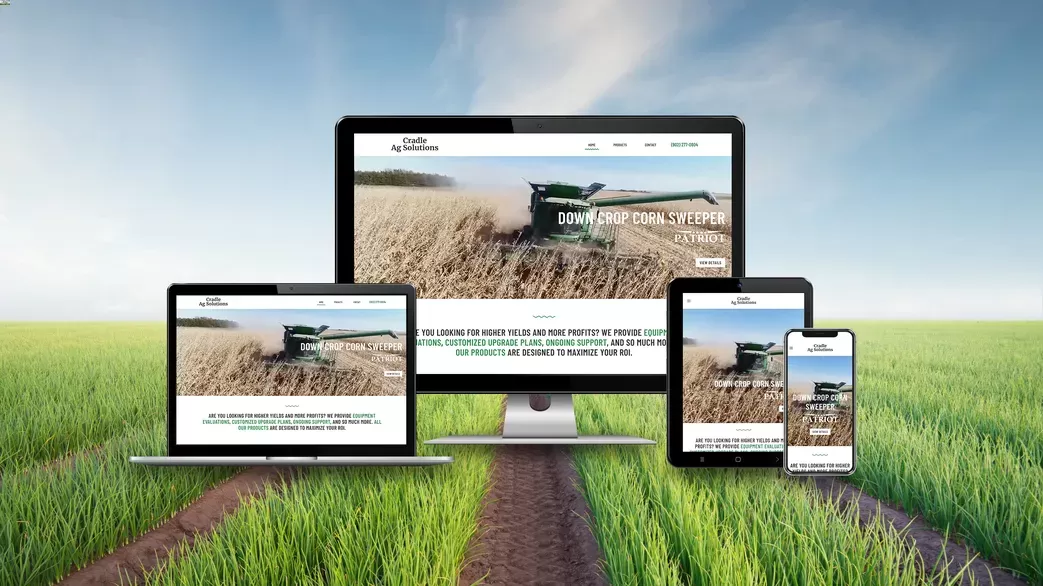 Cradle Ag Solutions website responsive views with farmland in the background green grass and blue skies