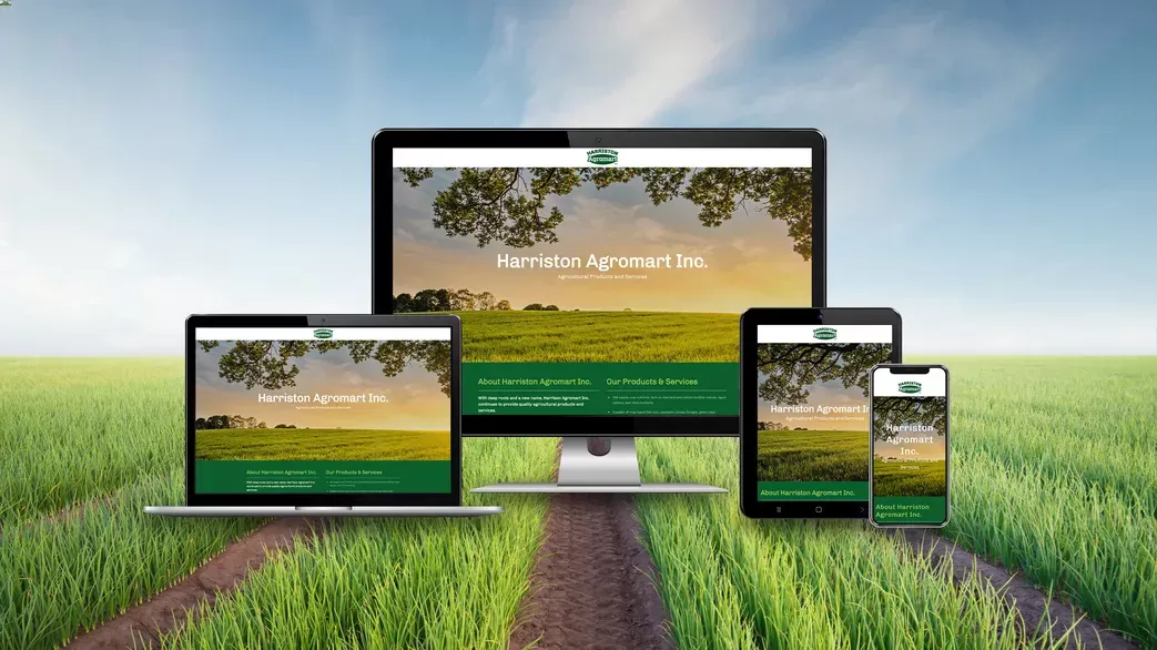 Harriston Agromart Inc website responsive views with farmland in the background green grass and blue skies