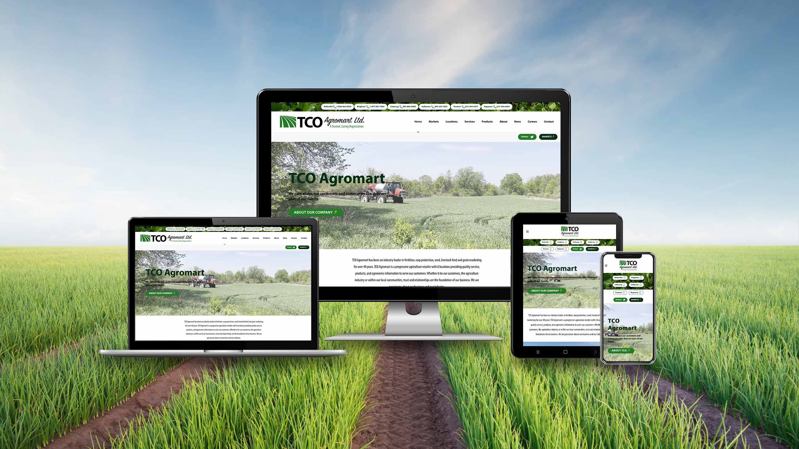 TCO Agromart website responsive views with farmland in the background green grass and blue skies