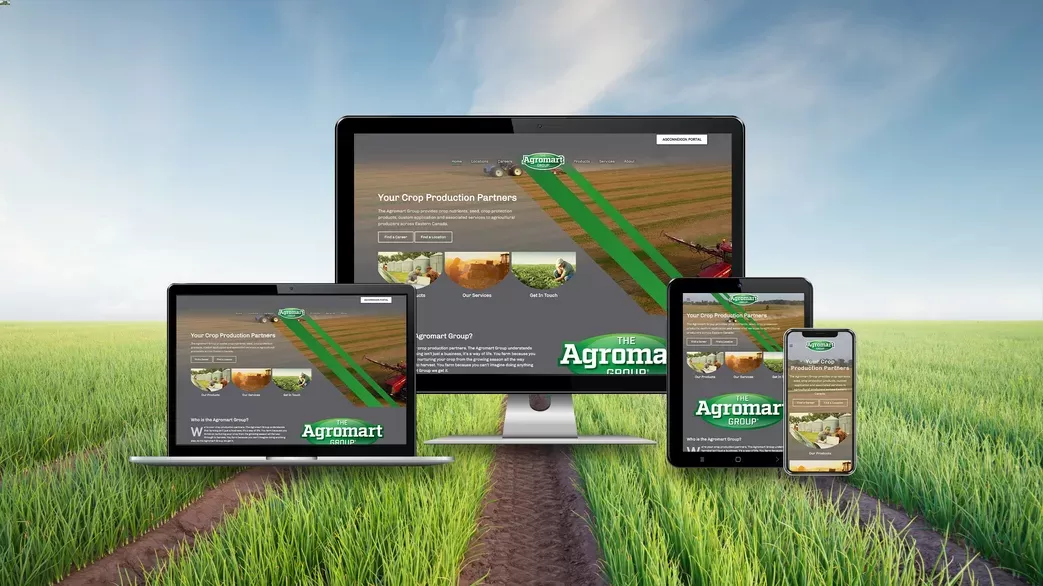 Agromart Group website responsive views with farmland in the background green grass and blue skies