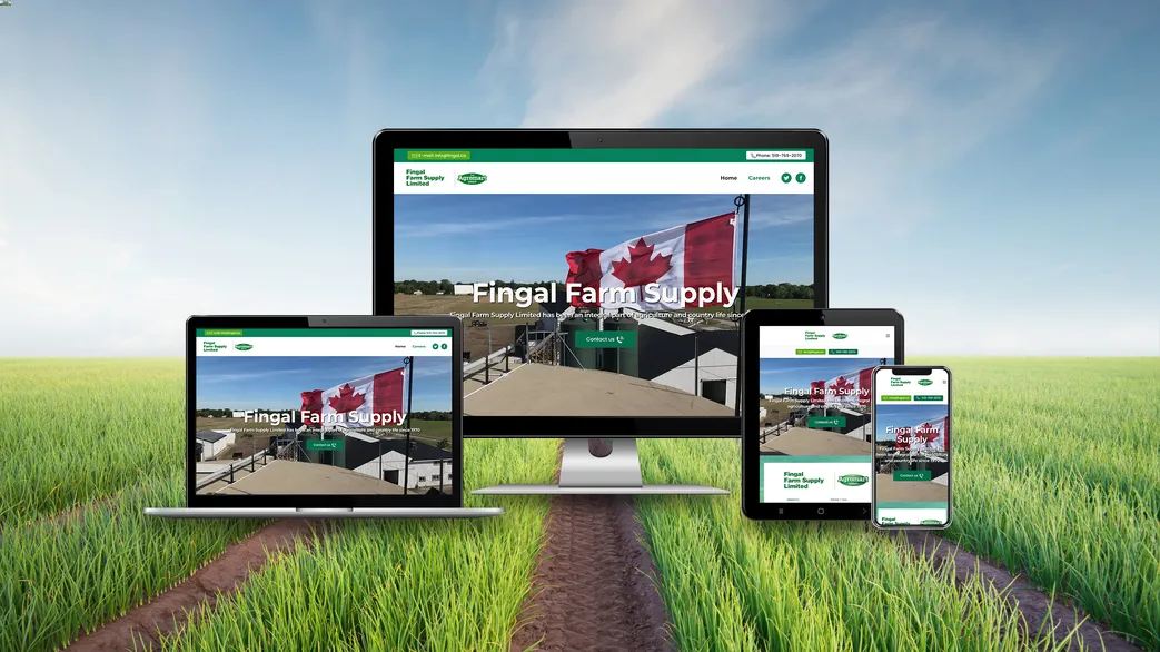 Fingal Farm Supply website responsive views with farmland in the background green grass and blue skies
