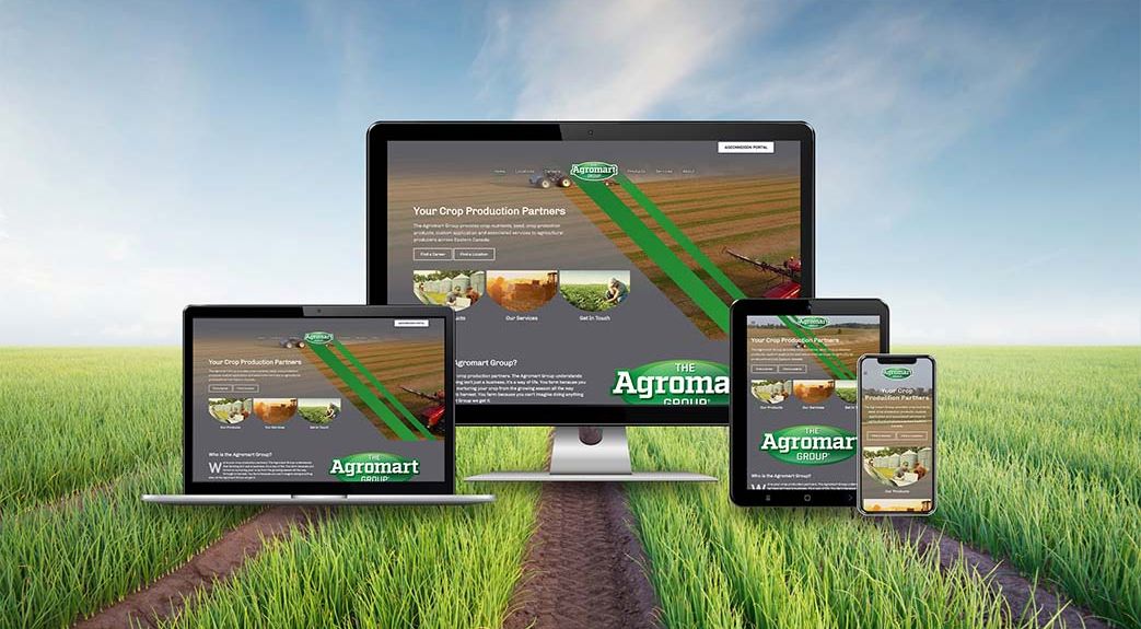 Agromart Group website responsive views with farmland in the background green grass and blue skies