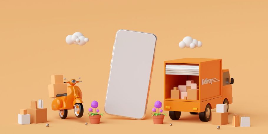 Orange delivery truck and smart phone in orange symbolizing ecommerce sales and shipping