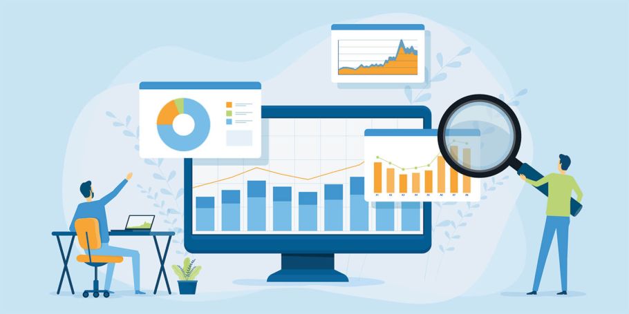 Graphic of two workers working on SEO, analytics and graphs with blue background