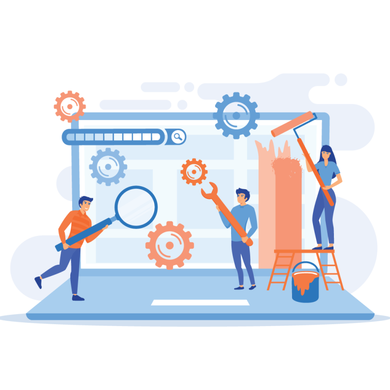 Graphic of marketing individuals working on website maintenance plans orange and blue colors