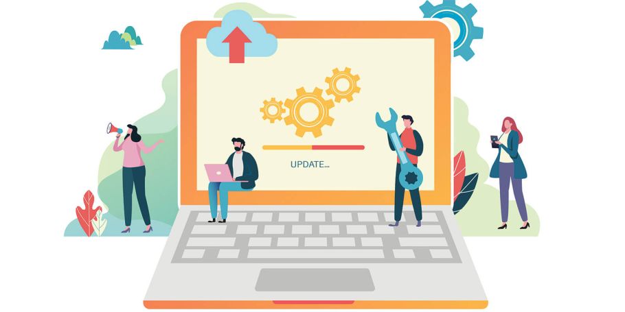 Graphic of marketing agents working on website maintenance on a large laptop with greenery in the background and white space
