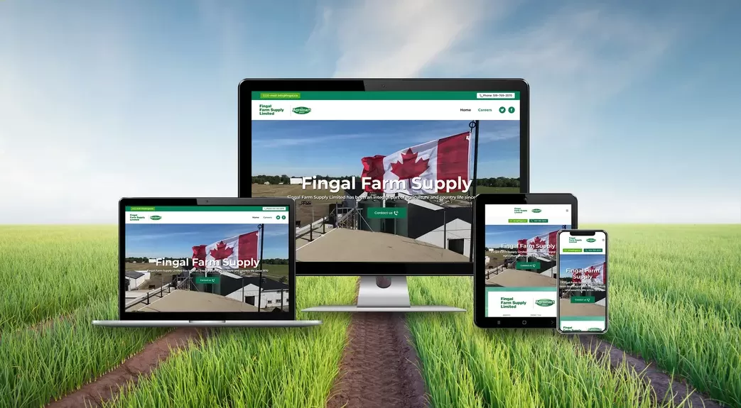 Fingal Farm Supply website responsive views with farmland in the background green grass and blue skies